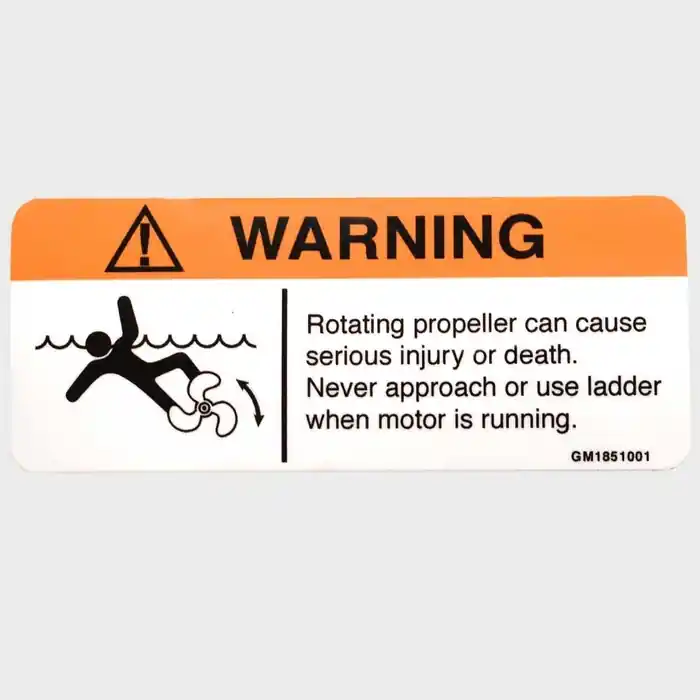 Holiday Sale Boat Propeller Warning Decal | 4 1/2 x 1 3/4 Inch Orange White Black