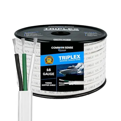 Modern 16/3 AWG UL 1426 (The Real Thing) Triplex Flat Marine Wire – Tinned Copper Boat Cable – 10 Feet – White PVC Jacket