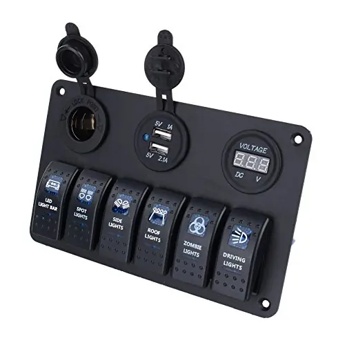6 Way LED Car Boat Rocker Switch Panel IP68 Waterproof USB Socket Cigarette Plug Voltmeter with Stainless Steel Screw Next Day Delivery