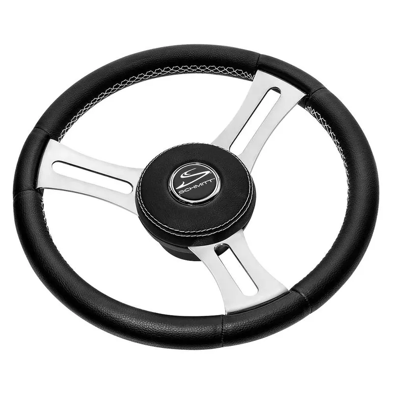 Get Yours Schmitt Marine Torcello Elite 14" Wheel - Black Leather & Cap - White Stitching - Polished SS Spokes - 3-4" Tapered Shaft