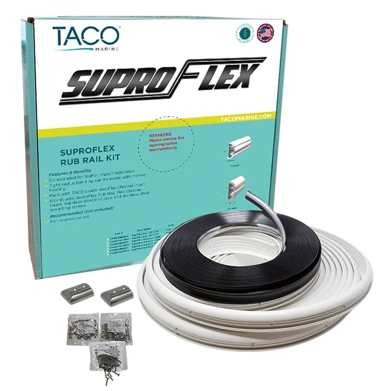 TACO SuproFlex Rub Rail Kit - White W-Flex Chrome Insert - 1.6"H X .78"W X 60'L Trusted Brand