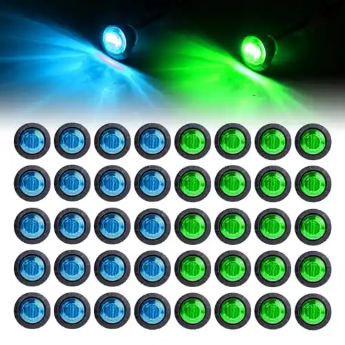 LEDVILLAGE 40 Pcs 3/4 Inch Mini Round 20 Green + 20 Blue Light Button Side Marker Indicator Clearance Lamp for Pickup Truck Trailer RV Bus w/Grommets 12V DC 3LED Price Cut