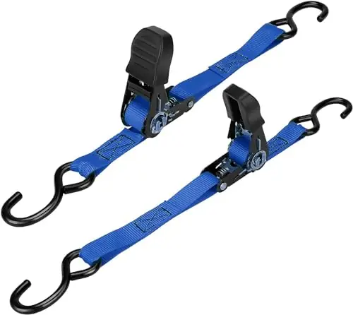 SavgU 1 Inch x 4 FT Ratchet Boat Transom Tie Down Straps to Trailer, 2400LBS Heavy Duty Retractable Tie-Downs Straps for Jet Ski PWC Pontoon Marine, with Quick Release Buckle & Anti-Scratch Hooks Clearance